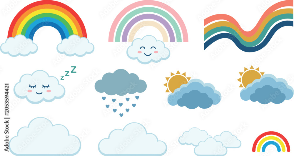Fototapeta premium Cute cartoon rainbows and clouds vector set with pastel colors sleeping cloud rain hearts and sun elements for kids nursery sticker design