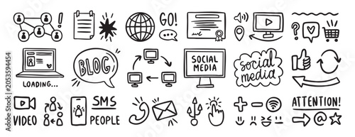 Social media signs and symbols set with hand drawn arrows, icons for app, trendy blogging, internet communication, creative digital