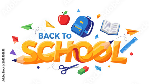 Foto Back to School Excitement: A vibrant collection of school supplies and playful elements surrounds the bold Back to School text, symbolizing the eager anticipation of a new academic year