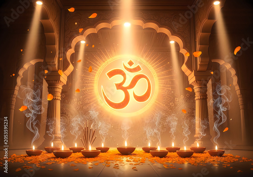 Glowing om symbol with traditional oil lamps and flower petals in a spiritual temple setting for diwali celebration