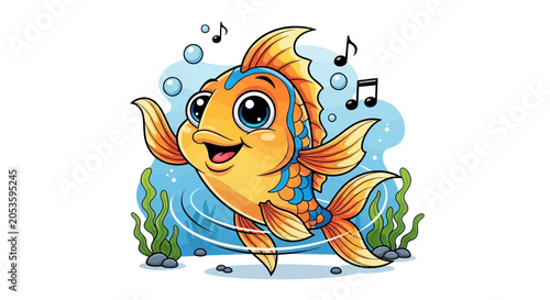 happy goldfish swimming with music