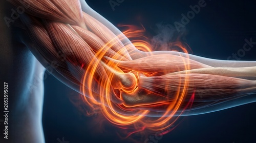 Detailed human elbow joint with musculature and swirling energy waves.