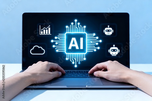 Hands typing on laptop displaying AI technology