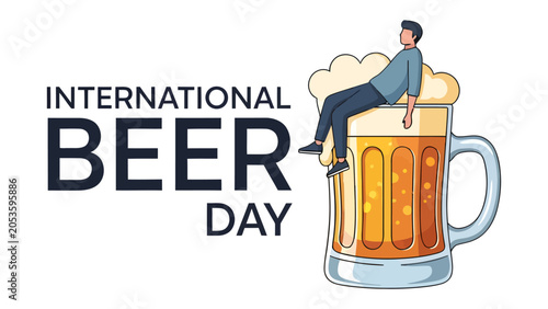 Canvas Print A Man Relaxing on a Giant Beer Mug: A man sits atop a colossal beer mug filled with foamy lager, celebrating International Beer Day