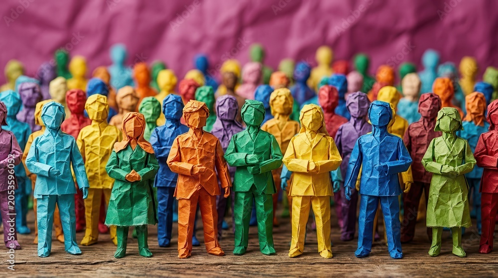 Naklejka premium A diverse colorful group of paper people standing together.