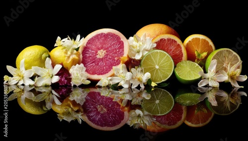 A vibrant arrangement showcases citrus fruits like lemons, grapefruits, limes, and oranges, artistically halved and garnished with delicate white blossoms against a black backdrop