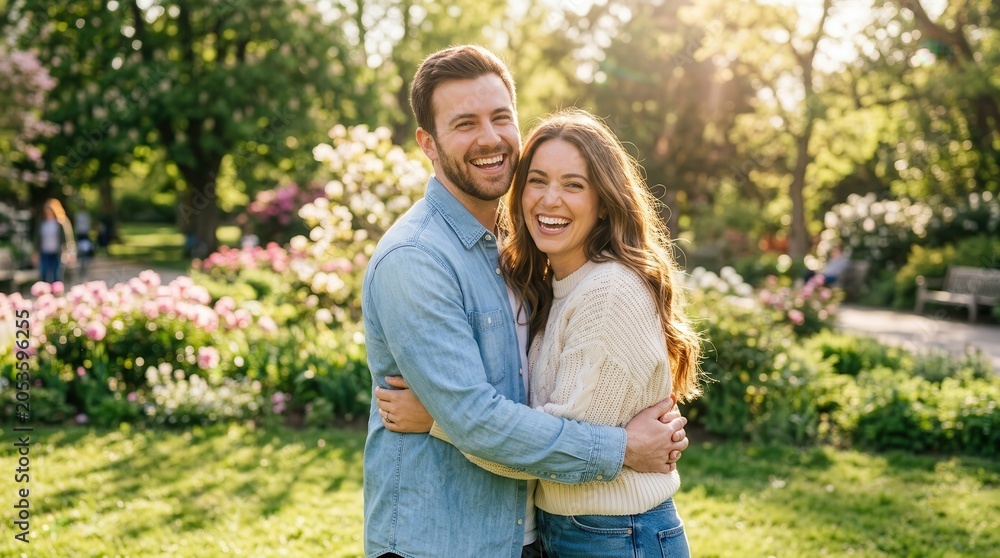 Obraz premium Joyful young couple embracing in a lush green park during spring.