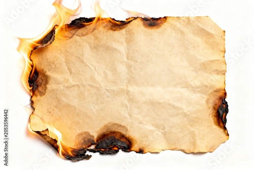 Burning old parchment paper with flames