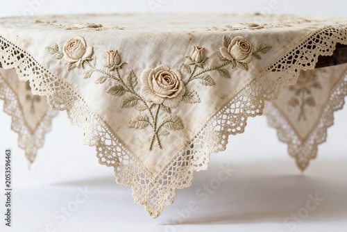 Antique linen tablecloth with floral lace edging