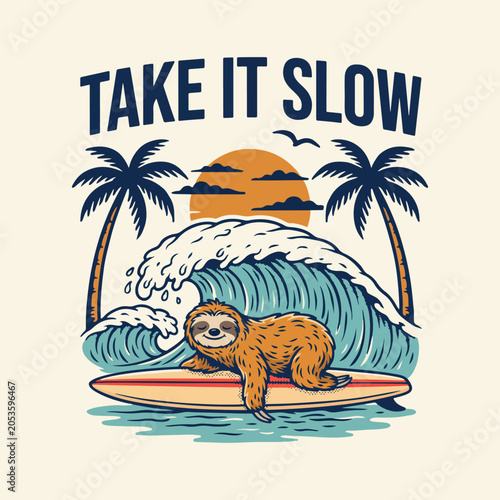 Sloth surfing on surfboard with palm trees and sunset