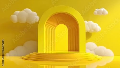 A vibrant yellow abstract scene features an arched structure, layered interior, fluffy clouds, and a reflecting floor