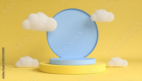 A whimsical yellow backdrop featuring a circular platform with a baby blue circle and puffy white clouds