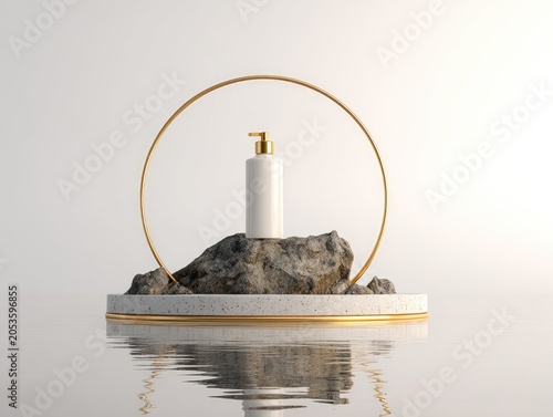 A white cosmetic bottle with a gold pump sits on a textured rock, framed by a gold ring, and reflects in water