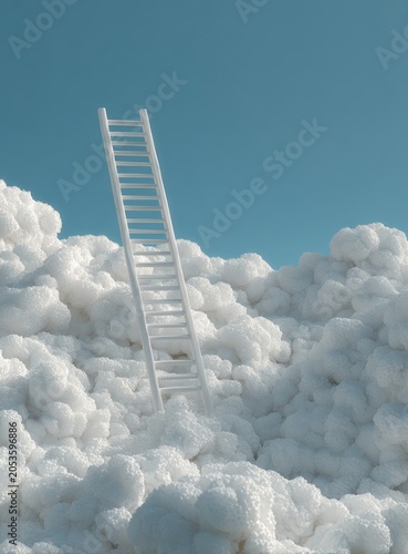 A white ladder ascends from fluffy, textured clouds towards a bright, cloudless, azure sky. It conveys a sense of aspiration
