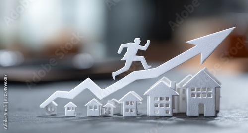A white paper cutout of a running figure on an upward-pointing arrow with miniature house cutouts below