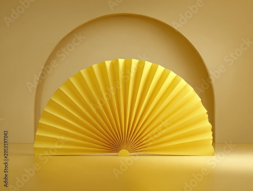 A yellow, fan-shaped paper sculpture is centrally placed in front of an arch. The background is a similar shade