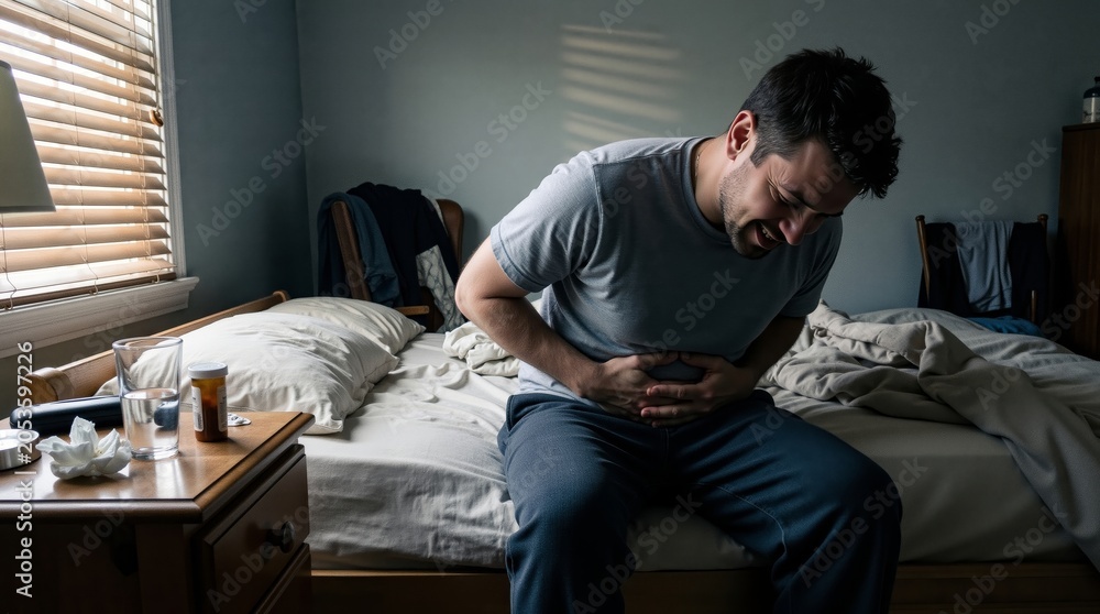 Fototapeta premium A man sitting on a bed holding his stomach in pain