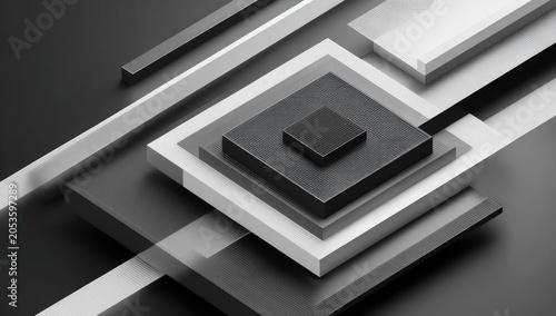 Abstract geometric composition of layered squares and rectangular bars arranged at various angles against a dark gradient backdrop