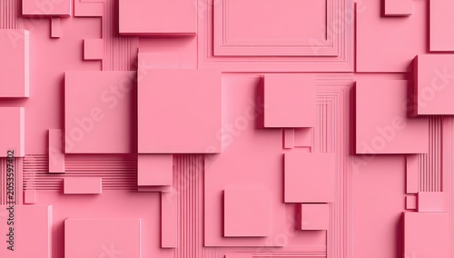 Abstract, pink, geometric composition of squares and rectangular shapes creating depth and texture with linear elements