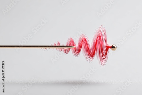 Abstract shot of a needle with wisps of red threads forming a wavy shape. A golden sphere sits on its side, against a white backdrop
