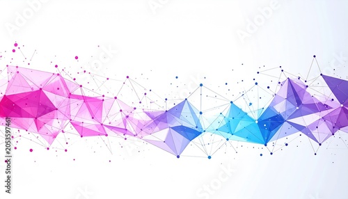 Abstract, vibrant graphic with connected points forming geometric shapes and an array of colors, fading from pink to blue