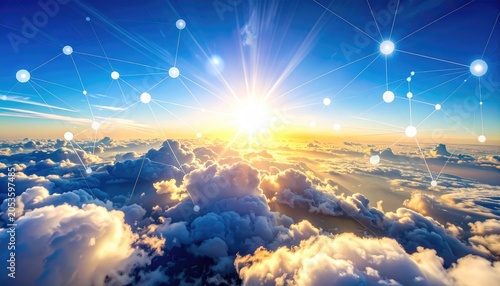 Aerial view with bright sun breaking through clouds, blue sky with interconnected white glowing dots, conveying network & data
