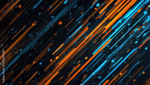 An abstract digital artwork of diagonal lines in blue, orange, and gold colors against a dark background, suggestive of data streams