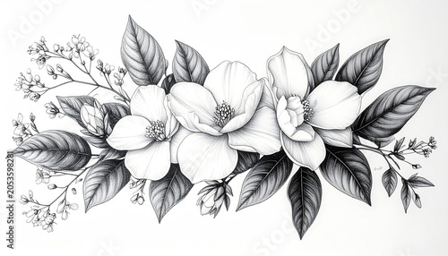 Detailed grayscale floral illustration with several blossoms and foliage