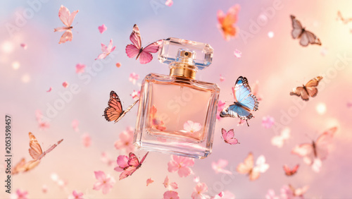 Butterflies and perfume bottle float