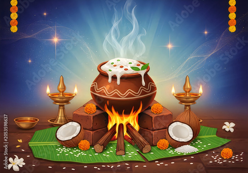 Traditional pongal festival clay pot cooking rice on open wood fire with oil lamps and coconut on banana leaf