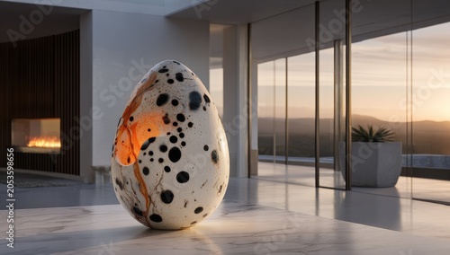 An egg-shaped sculpture with striking patterns sits indoors. Natural light streams from large windows overlooking a scenic landscape, a fireplace visible