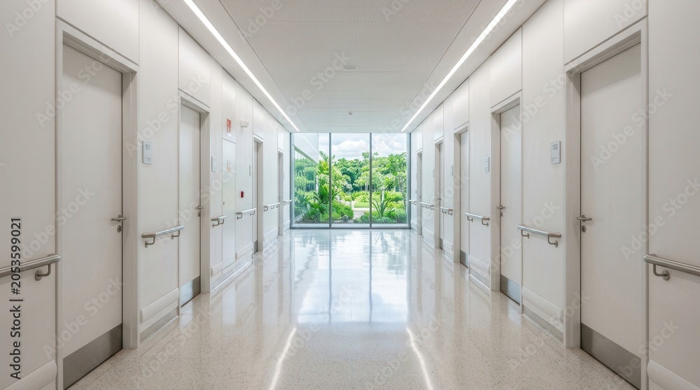 Fototapeta premium Modern hospital corridor with doors and handrails in bright natural light.