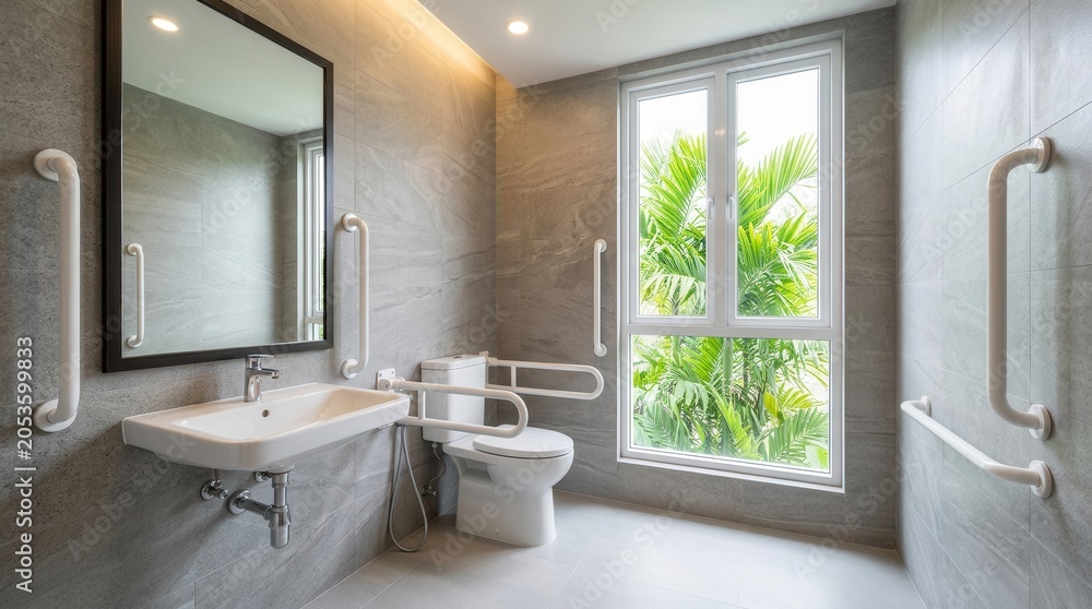 Fototapeta premium Modern accessible bathroom with grab bars, sink, and toilet near a large window.