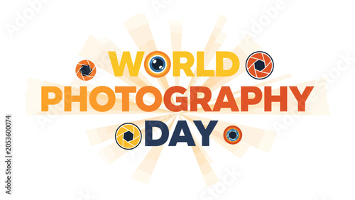 Slika na platnu World Photography Day Celebration: Vibrant typography and stylized camera lenses proclaim World Photography Day, inviting celebration of the art of capturing images