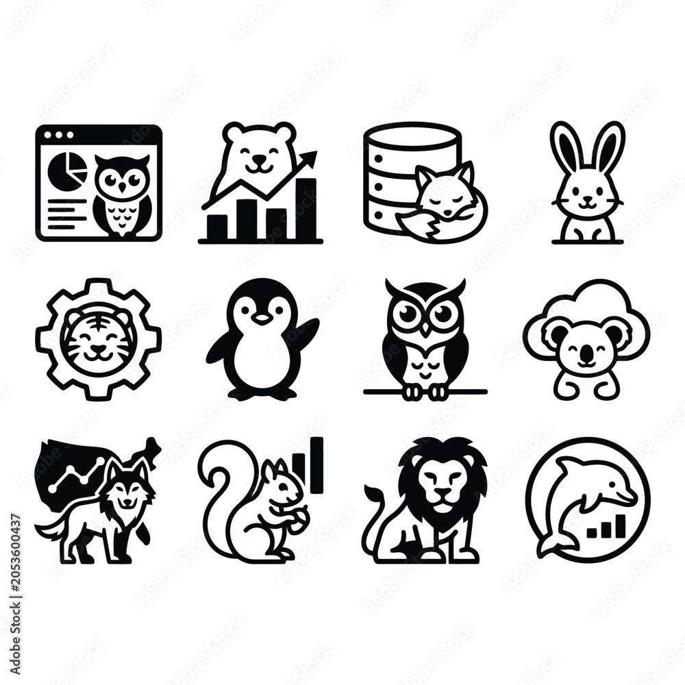 Obraz premium Black And White Line Icons Of Various Animals