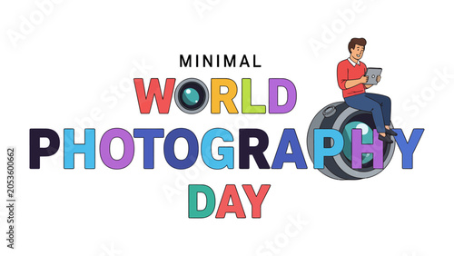 Fotografie Minimal World Photography Day Celebration: A person sits on a giant camera lens, engrossed in a tablet
