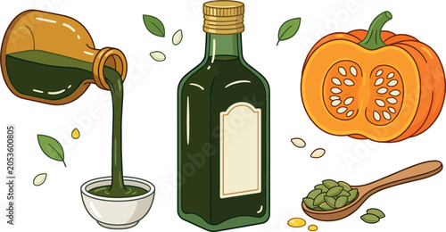 Photos Cute hand drawn pumpkin seed oil vector elements set featuring green oil bottle