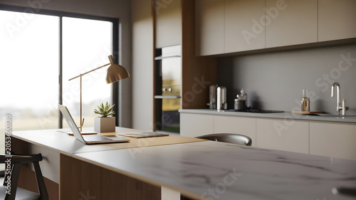 Desk space and kitchen interior. Modern kitchen interior with kitchen.