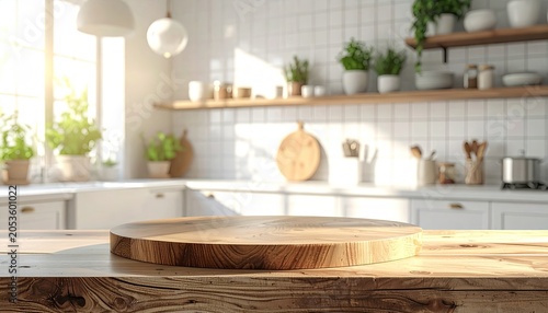 Sunny modern kitchen with wooden countertop and round board