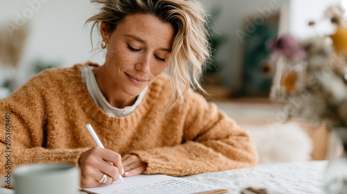A woman is focused on writing in her notebook in a cozy workspace filled with artistic elements, emphasizing creativity, inspiration, and the importance of personal reflection.