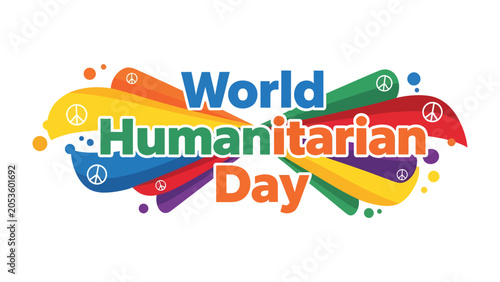 World Humanitarian Day Celebration: A vibrant graphic celebrates World Humanitarian Day with colorful wavy elements, peace symbols, and bold typography, symbolizing global unity and compassion.