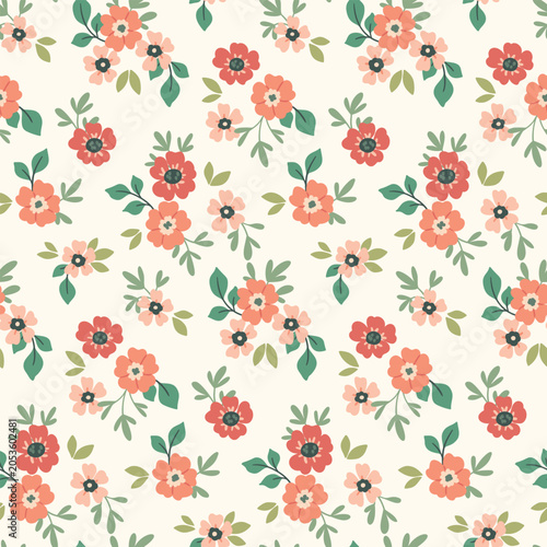 Seamless floral pattern, cute ditsy print of mini hand drawn plants in folk motif. Pretty botanical design of small simple daisy flowers, tiny leaves, summer bouquets abstract. Vector illustration.