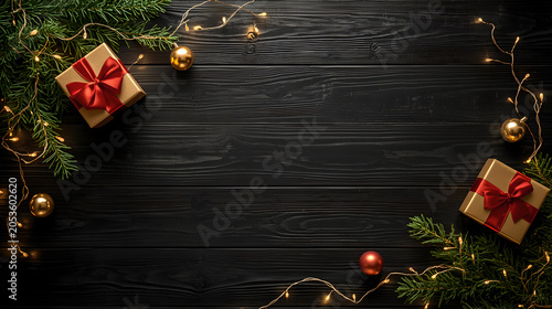 Minimalist Christmas background with golden gift boxes, red ribbons, delicate fairy lights on dark black wooden plank, copy space