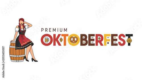 Oktoberfest Celebration Graphic: A festive illustration of a woman in traditional Bavarian attire, seated on a wooden barrel next to the bold PREMIUM OKTOBERFEST text with beer mug and pretzel icons.