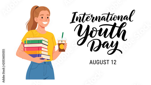 Bild auf Leinwand International Youth Day Celebration: A smiling young woman holds a stack of books and a coffee, embodying the spirit of International Youth Day, celebrated on August 12th