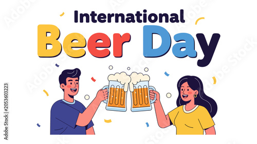 Obraz na plátně International Beer Day Celebration: A cheerful man and woman clink their frothy beer mugs together in a toast, celebrating International Beer Day amidst colorful confetti