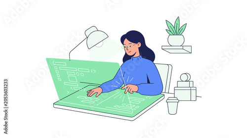 Woman Working on Large Laptop.