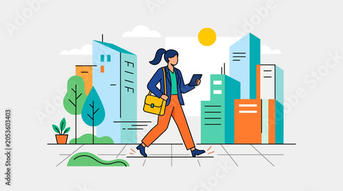 Woman Walking on City Street.