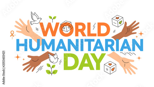 Εκτύπωση καμβά World Humanitarian Day Celebration: An illustration celebrating World Humanitarian Day, featuring diverse hands, doves, plant sprouts, and cubes with a heart symbol, promoting global unity and aid