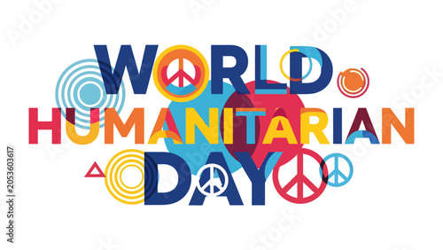 Fotografie World Humanitarian Day Celebration: Vibrant typography and iconic peace symbols artfully combine to celebrate World Humanitarian Day, promoting global unity and compassion